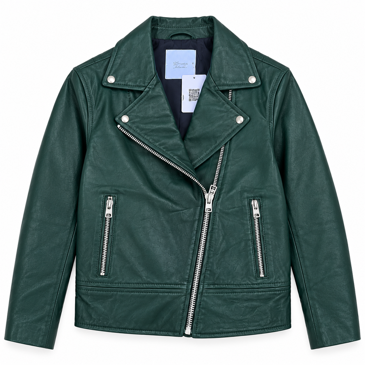 Women’s Dark Green Leather-Look Biker Jacket with Asymmetric Zip Closure